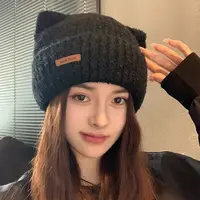 Woman Bonnet Solid Color Warmth Hat Winter Cute Cat Ear Earflap Knitted Hat Thicker Ear Protection Soft Street Beanie Hat 2