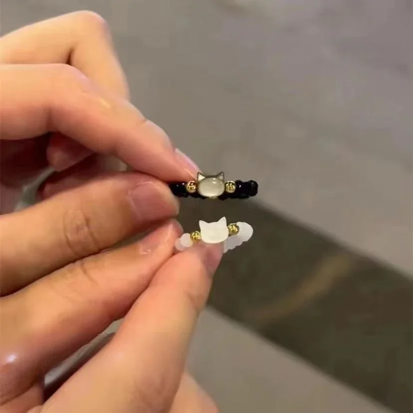 Fashion Natural Moonstone Obsidian Rings Minimalist Handmade Cute Black White Cat Bead Ring Women Party Anillos Mujer