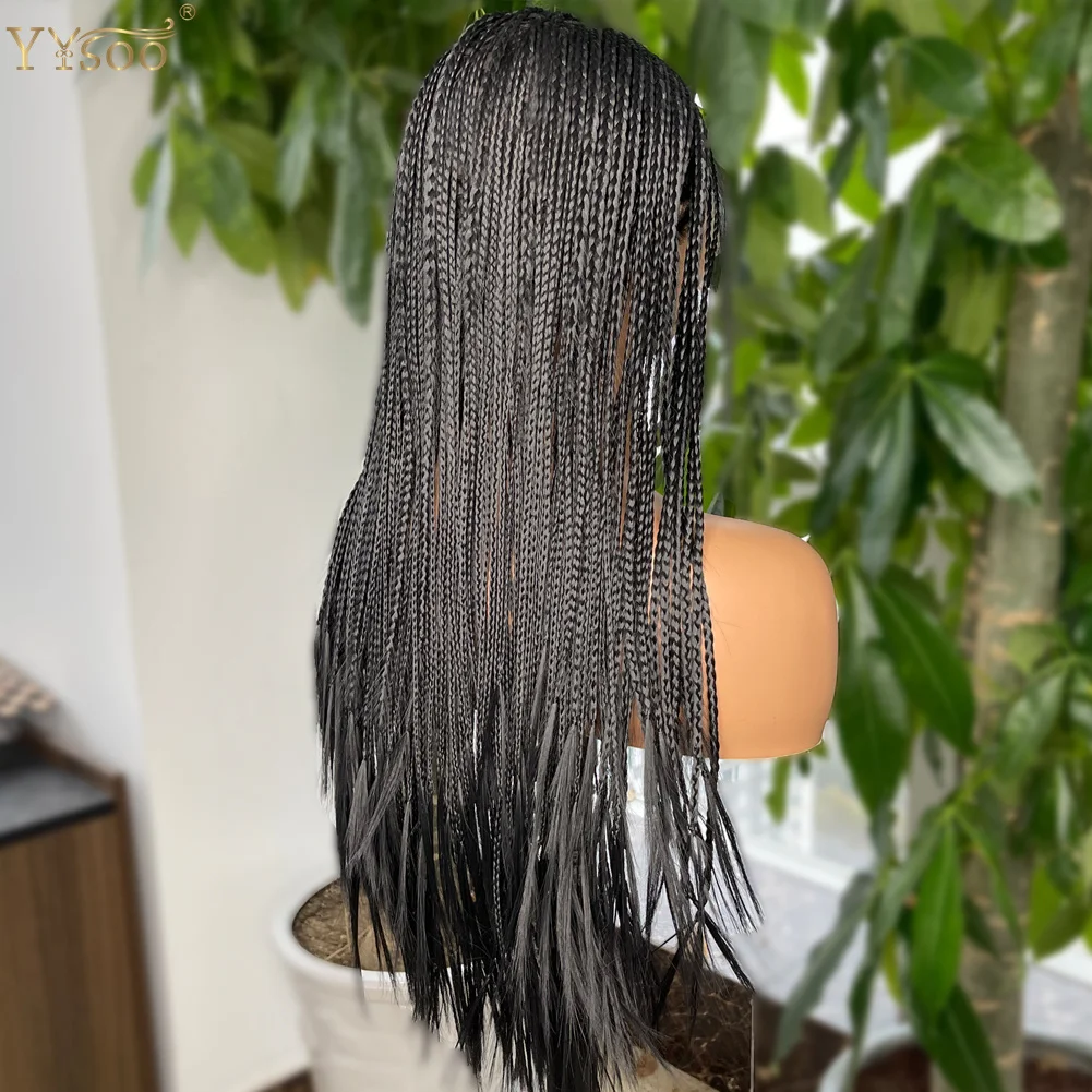 Long Black Color 13x6 Micro Braided Synthetic Lace Front Wigs for Black Women Middle Part Half Hand Tied Box Braided Wig