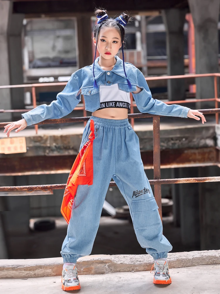 New Girls Hip Hop Clothes Denim Tops Pants Jazz Dance Costume Kids Street Dance Suit Hiphop Performance Outfit Rave Wear BL9444