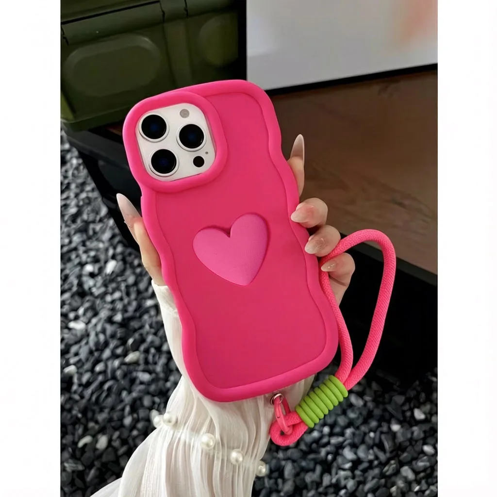 3D Love Heart Wavy Frame Shockproof Cover with Lanyard