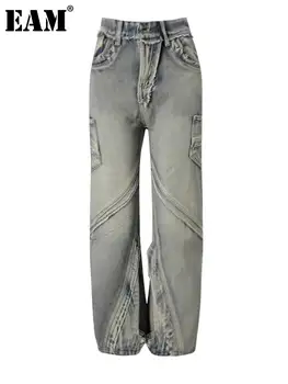 [EAM] High Waist Blue Denim Vintage Long Wide Leg Jeans Pants New Trousers Women Fashion Tide Spring Autumn 2026 CPG6271