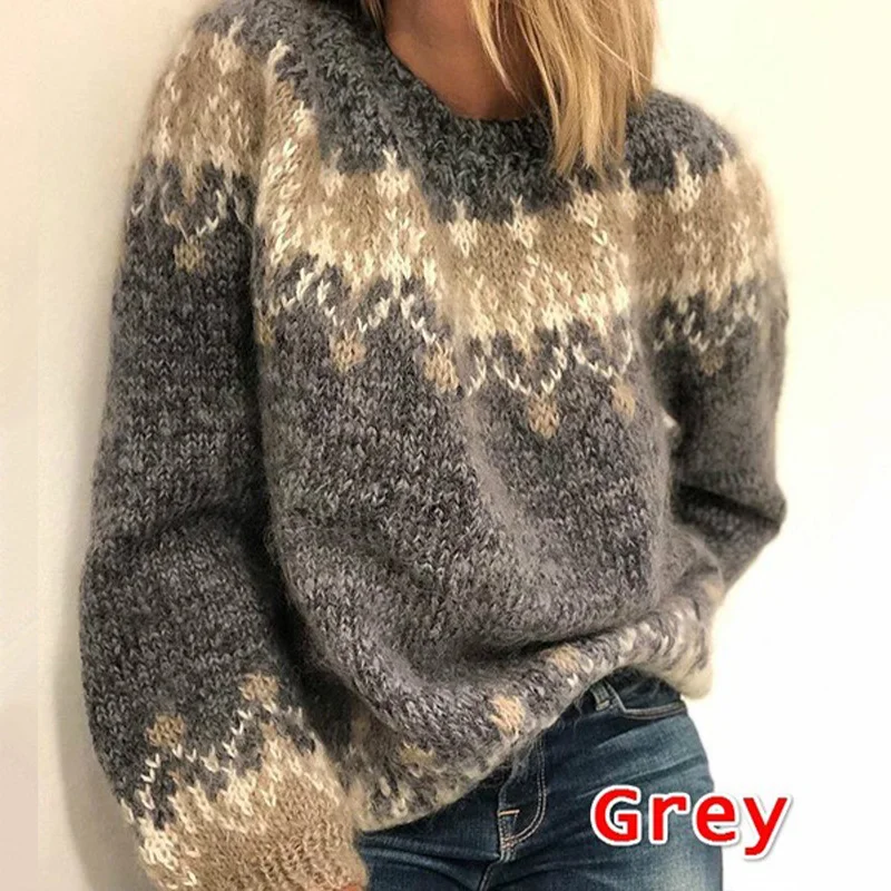 

New Autumn Winter Casual Temperament Elegant Mohair Coarse Knitted Jacquard Sweater Fro Women Long Sleeved Loose Slimming Top