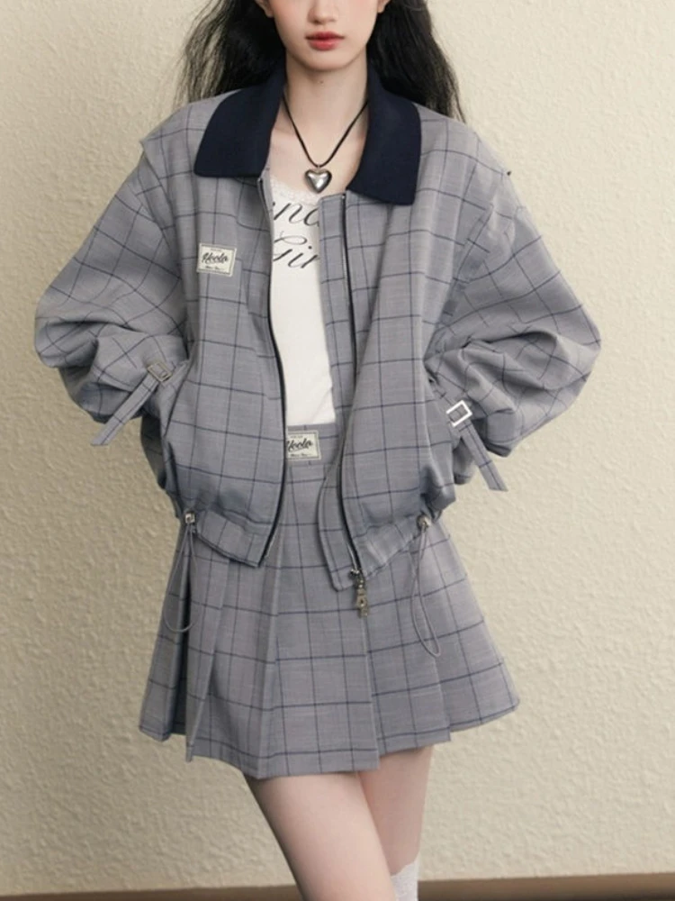 

Autumn Preppy Style Two Piece Set Women French Vintage Plaid Elegant Skirt Suit Female Korea Fashion Long Sleeve Casual Set 2023