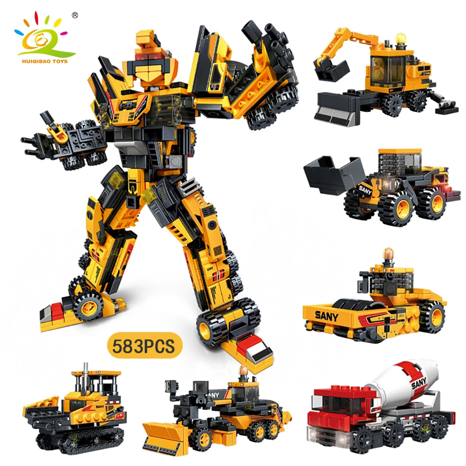 Huiqibao 6 In1 Heavy Engineering Transformation Robot Mecha Building Blocks City Construction Vehicle Bricks Giocattoli Per Bambini Regalo Per Ragazzi