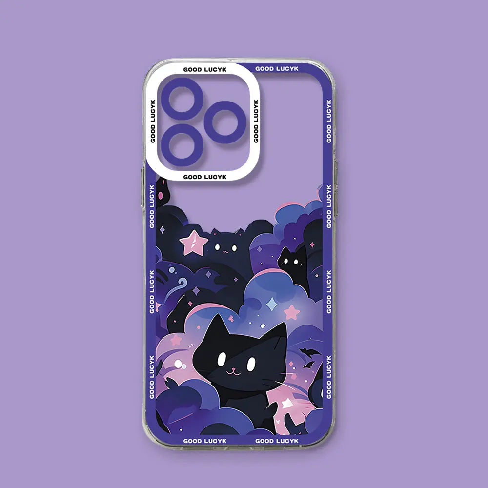 Cartoon Starry Sky Black Cat Clear Soft Phone Case