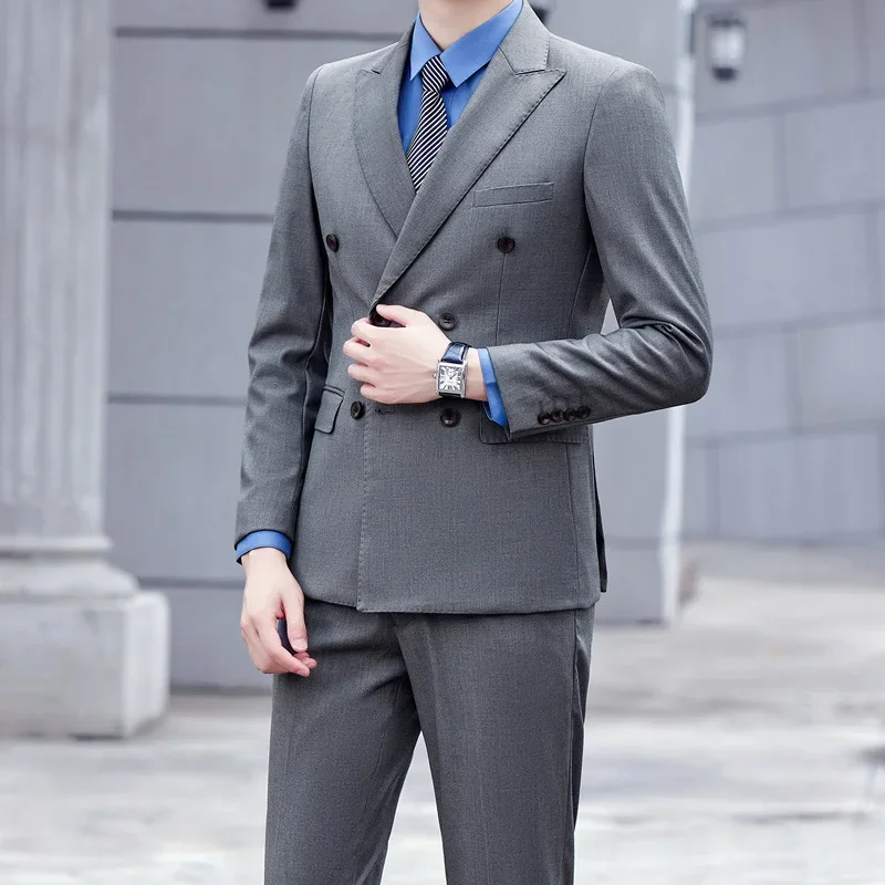 Men Leisure Double Breasted Solid Color Business Wedding Suit Coat Pants 2 Pcs Set Dress Blazers Jacket