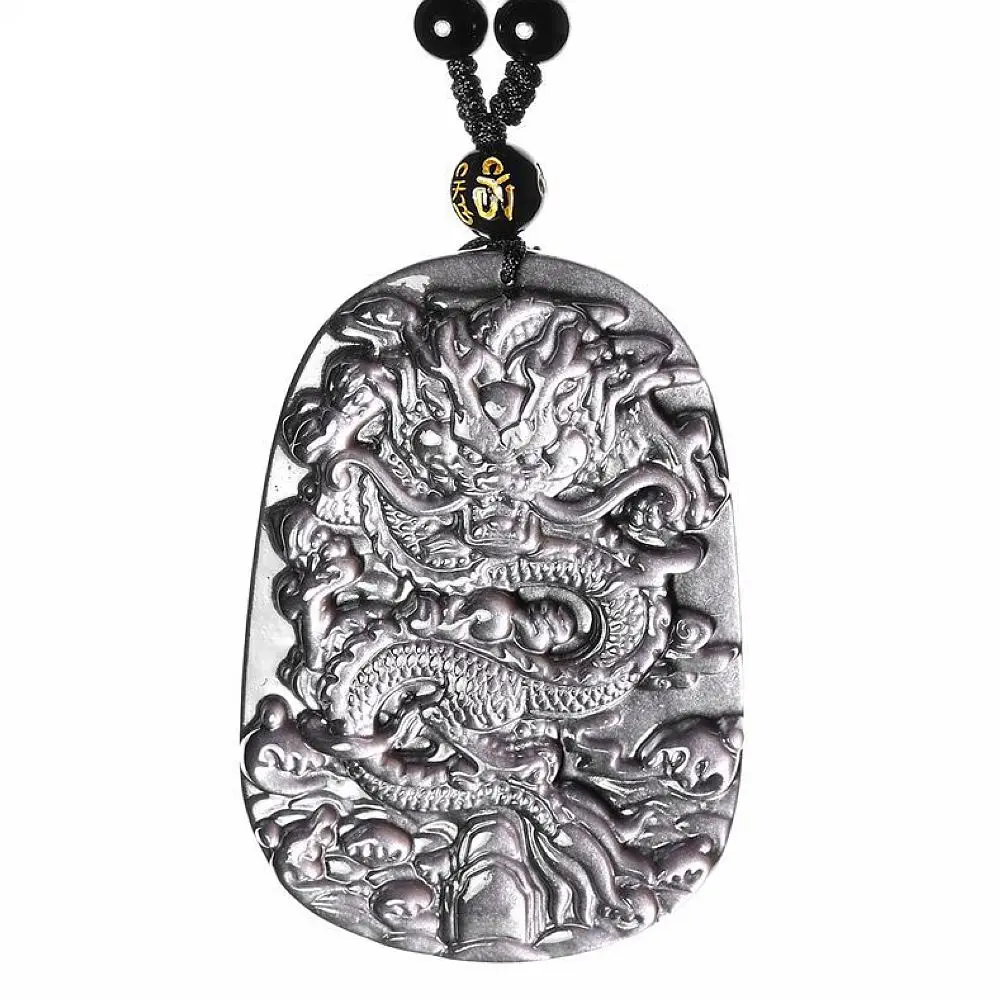 

Natural crystal silver Obsidian dragon necklace Amulet Pendant with Bead Chain great gift necklace