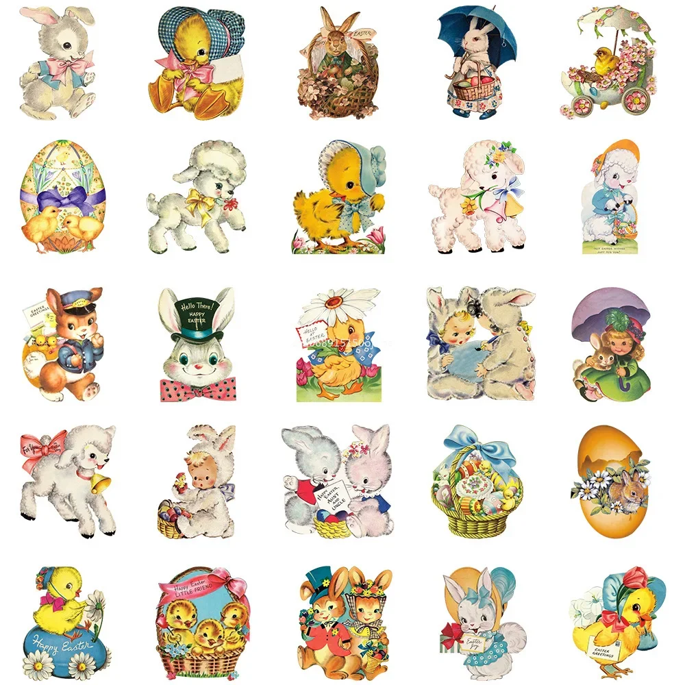 25pc Easter Vintage Sticker Cartoon Cute Easter Bunny Chicks Egg Stickers Self-Adhesive Decal Novelty Party for Kid Gifts