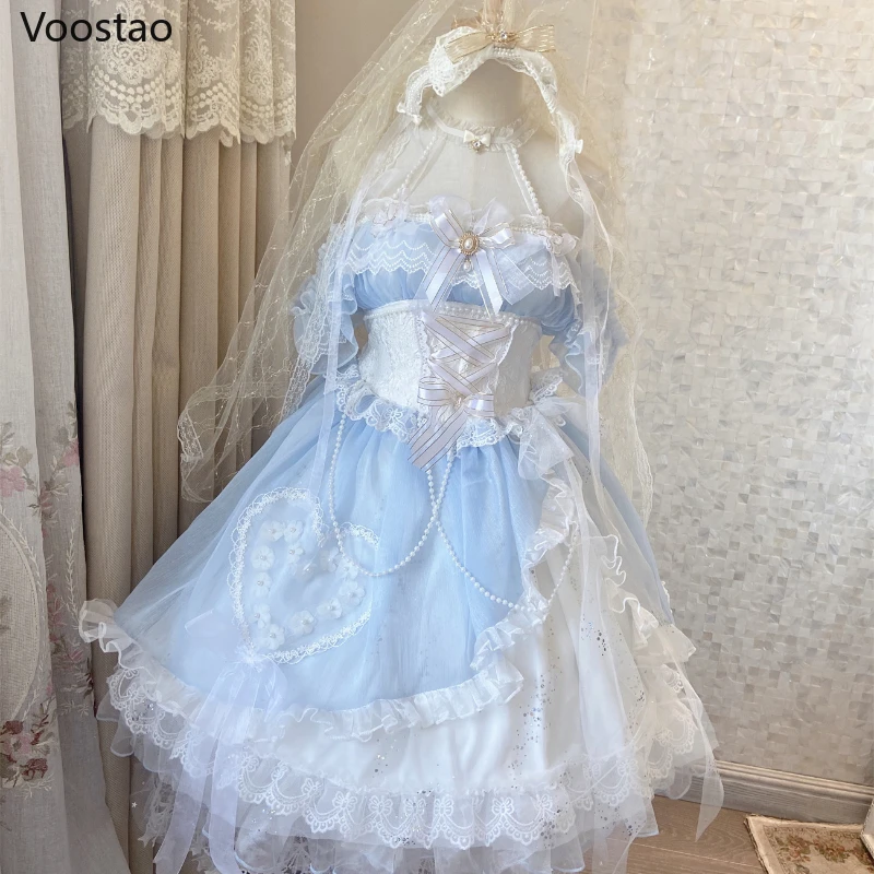 Sweet Lolita Princess Party Dress Vintage Victorian Women Elegant Mermaid Flower Wedding Dresses Girly Lace Pearls Mesh