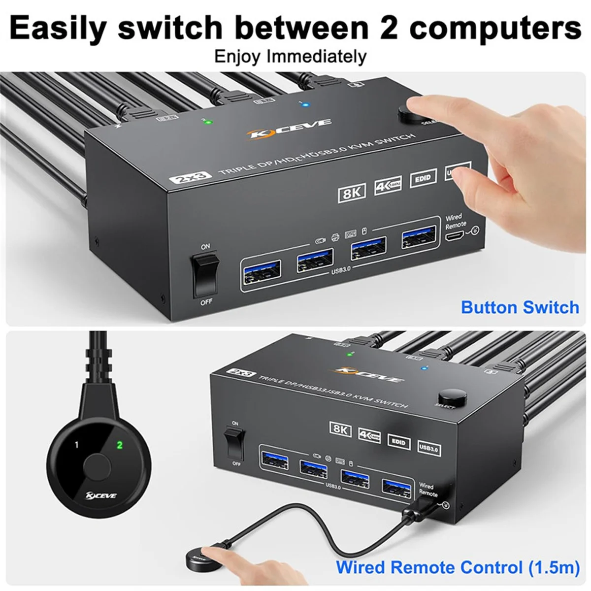 

Monitors KVM Switch 2 Displayport HDMI-compatible USB 3.0 KVM Switch 8K@60Hz,4K@144Hz,Apply to 3 Monitors 2 Computers KVM Switch