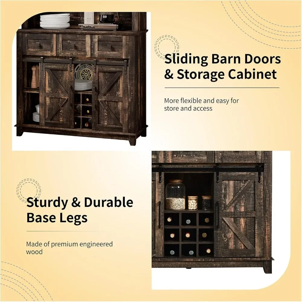 72" Coffee Bar Wine Cabinet with Sliding Barn Door & LED Lights, Sideboard Buffet Cabinet with Wine Bottle Rack, 3 Drawers