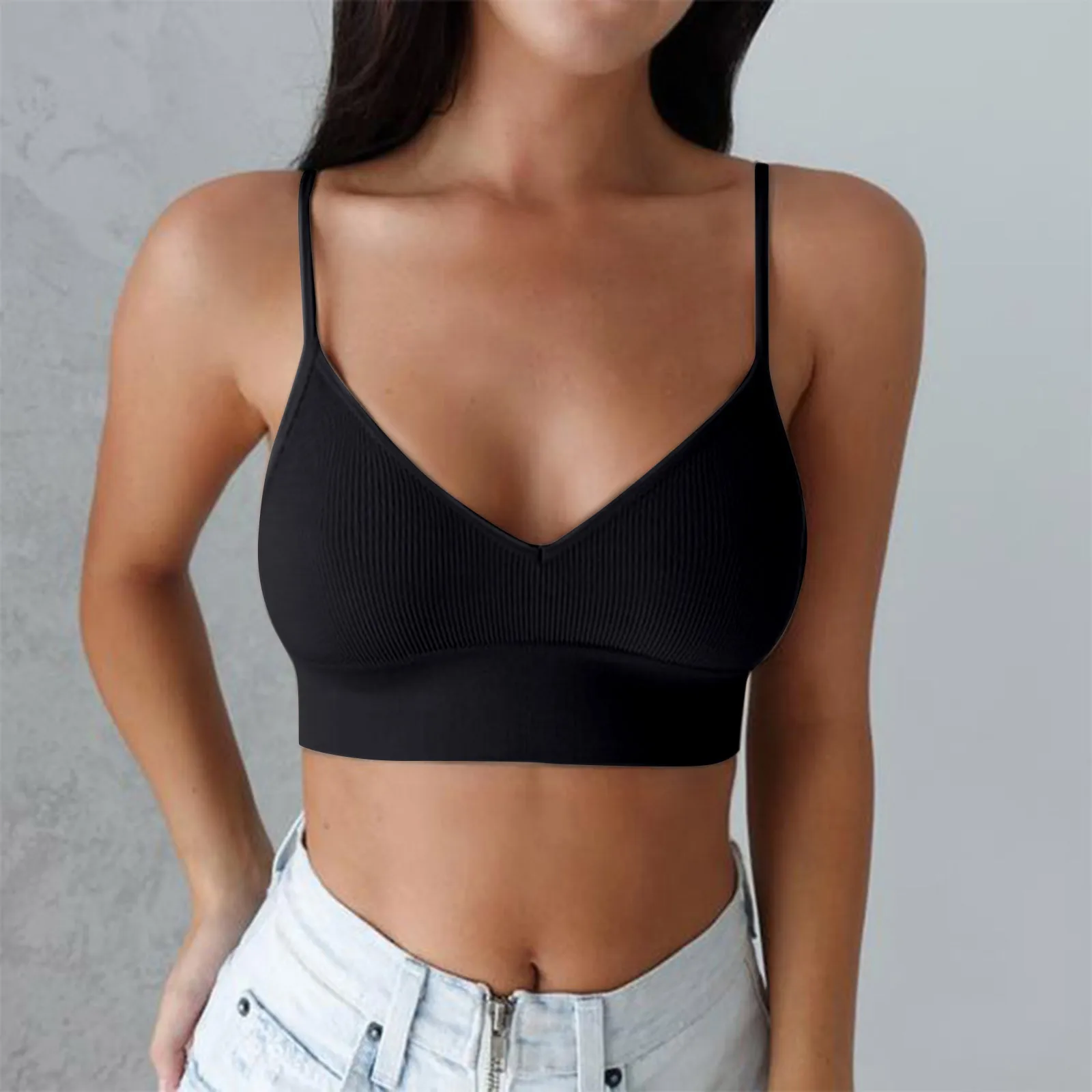 

Women Spaghetti Strap Sports Crop Top Vest V Neck Solid Color Slim Cropped Camis Padded Bralette Summer Sexy Y2k Streetwear Tank