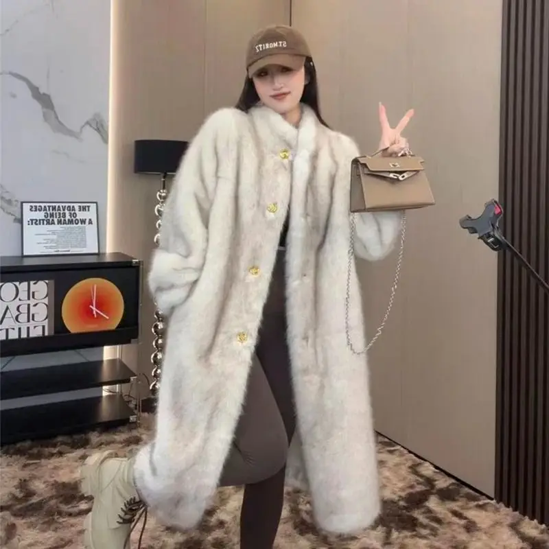 Korea Fur Coat Imitation Mink Velvet Women Temperament Joker Jacket Luxury Casual Outwear Female Top Autumn Winter Long Coat