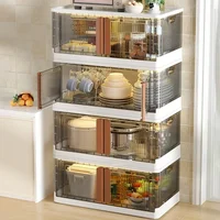 Simple Home Furniture Kitchen Cabinets Plastic Tableware Storage Box Folding Design High Capacity Microwave Shelf Cabinets 1