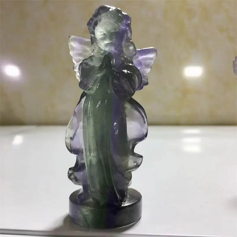 Figurine d'ange en Fluorite naturelle, 1 pièce, artisanat sculpté, pierre précieuse, cristal de guérison, décoration de salle à Quartz Reiki, cadeaux