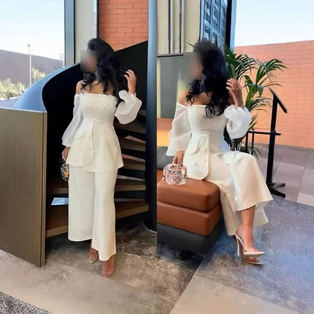 طقم فستان قصير أبيض أنيق عالي الجودة نمط سيدة 2025...