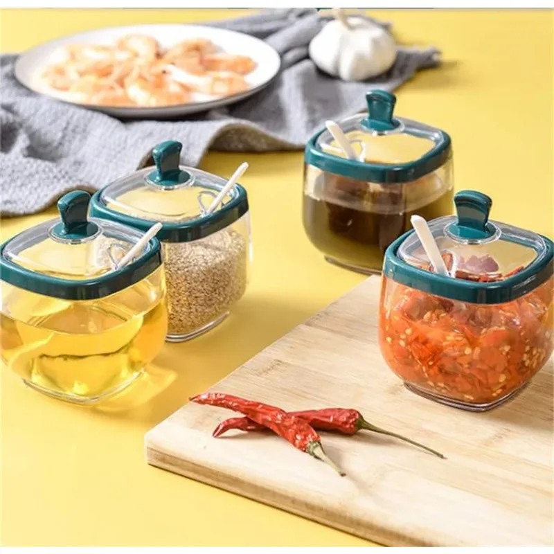 Spice Bottle Plastic Seasoning Jar Set Spoon Salt Shaker Sugar Container Sauce Bowl Dispenser Base Kitchen Spice Rack