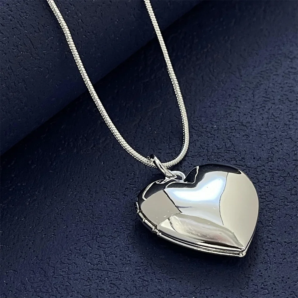 925 Silver Necklace Smooth Heart-Shaped Photo Frame Pendant, Suitable For Women's Daily Wear