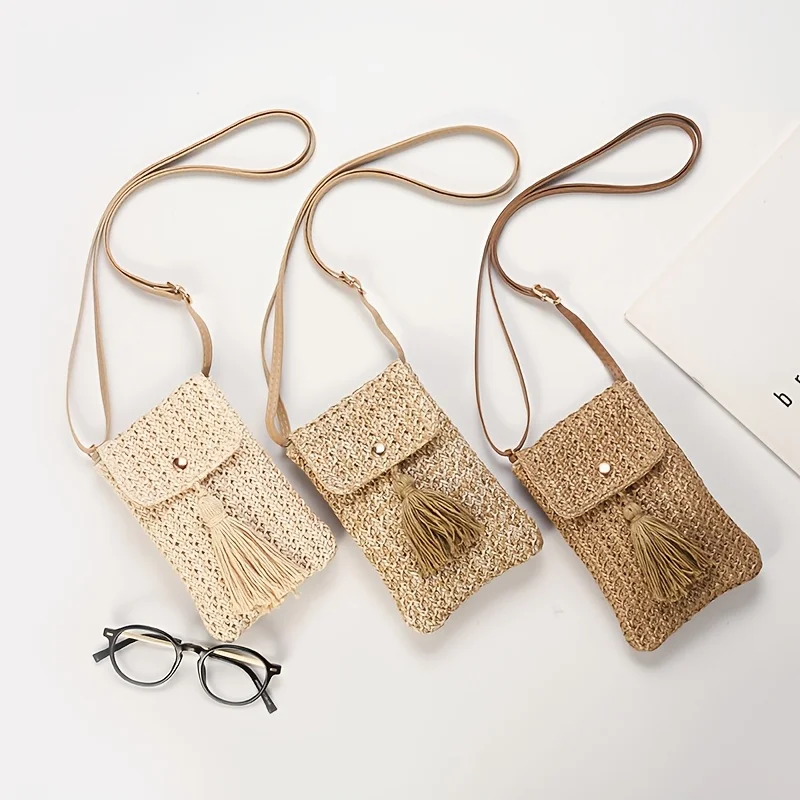 Straw Beach Bag Women Holiday Mobile Phone Shouder Bag Summer Tassel Mini Crossbody Bag for Lady Gril Travel Bohemian Style