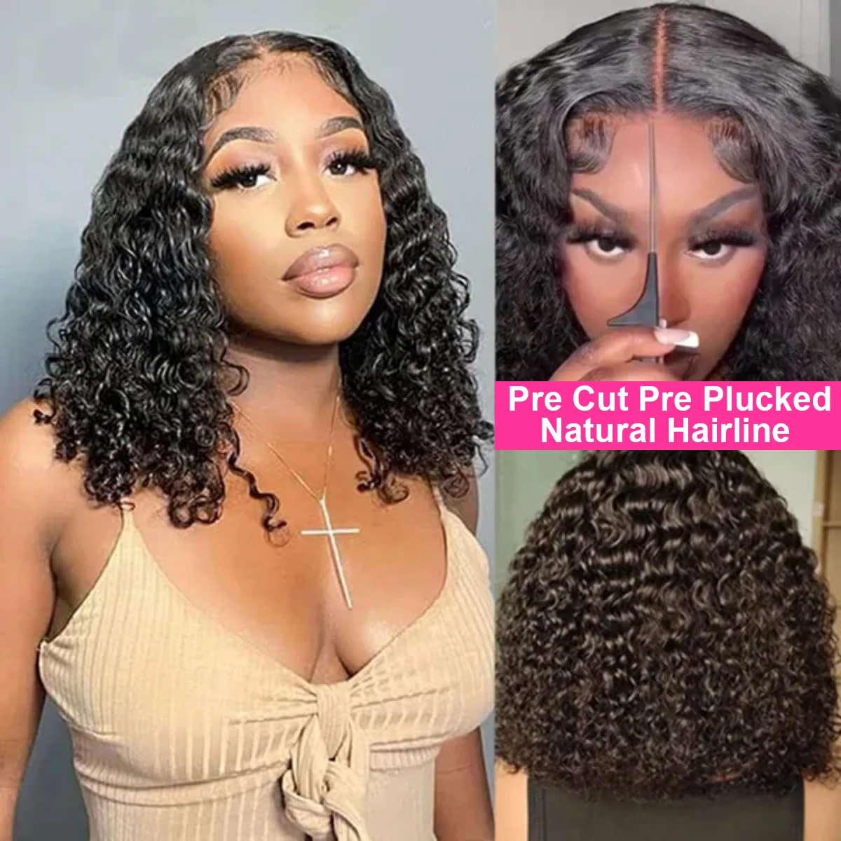 Pre Cut No Glue Water Wave 13x4 Bob Wigs Curly 7x5 Glueless Wig Human Hair Ready To Go Lace Frontal Wigs For Women Pre Plucked human hair wig