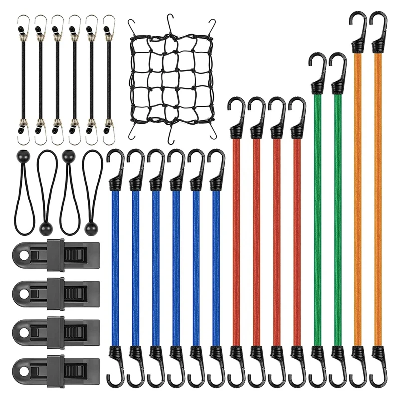 

30PCS Elastic Bungee Cords With Hooks, Rope Luggage Packing Strap, Cargo Net For Motorcycle Bike Travel Camping Hiking