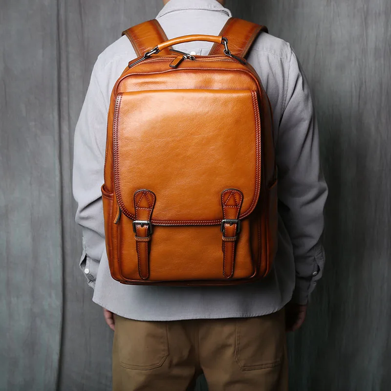 NZPJ Genuine Leather Men's Backpack Natural Cowhide Schoolbag Fashion Computer Bag Casual Men's Bag Suitable For 16 Inch Laptop
