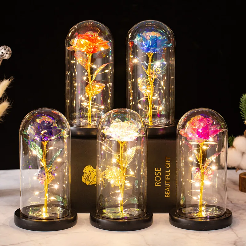 

2023 LED Enchanted Galaxy Rose Eternal 24K Gold Foil Flower With Fairy String Lights In Dome For Christmas Valentine's Day Gift