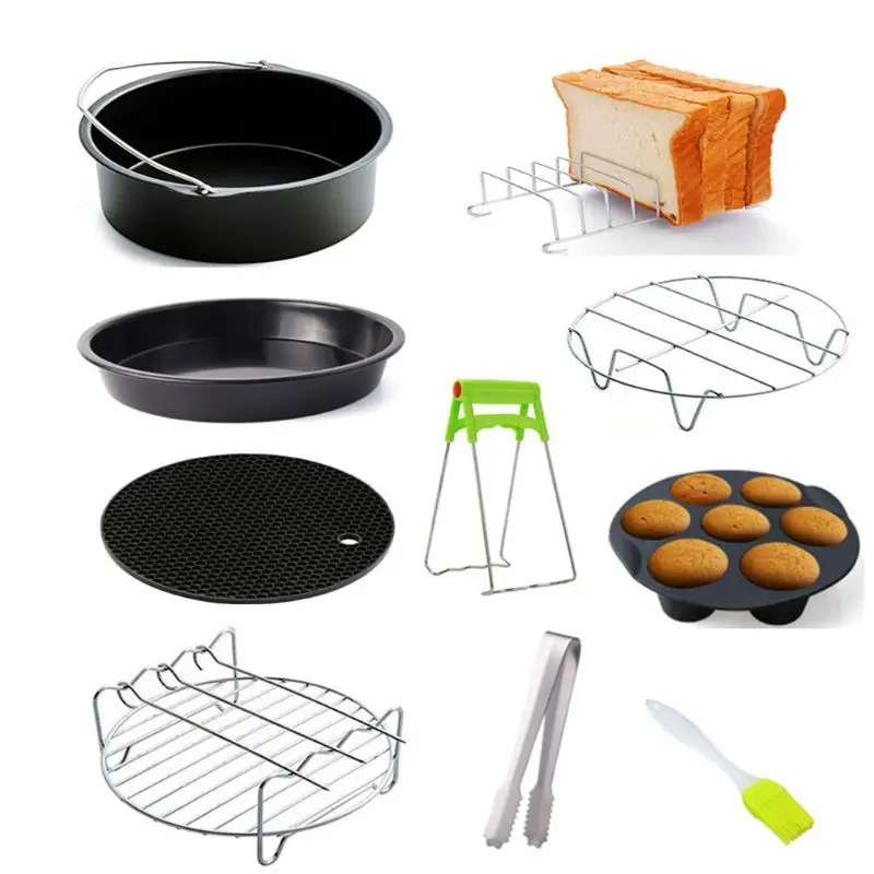 9pcs/set 6/7/8 Inches Air Fryer Accessories Pizza Tray Grill Toast Rack Insulation Pad 3.2QT-5.8QT Home Kitchen Parts