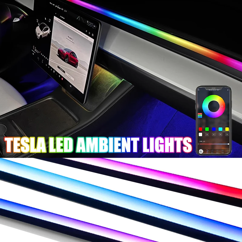

New Car Ambient Light Center Console Dashboard Neon Tubes For Tesla Model 3/Y Symphony RGB Interior Lights with App Controller