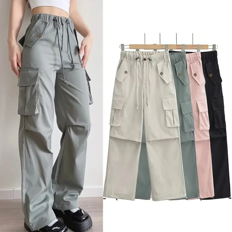 

Casual Fashion Cargo Pants for Women Y2K Streatwear Solid Double Pockets Drawstring Wide Leg Pants 2023 New Multi Colors Bottoms