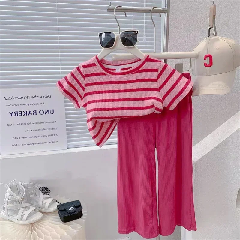 

Children Round Neck Short Sleeve Top Set New Baby Fashion Striped Clothing Wide Leg Pants Two-Piece 2-10Y Girls Cute Suit Summer