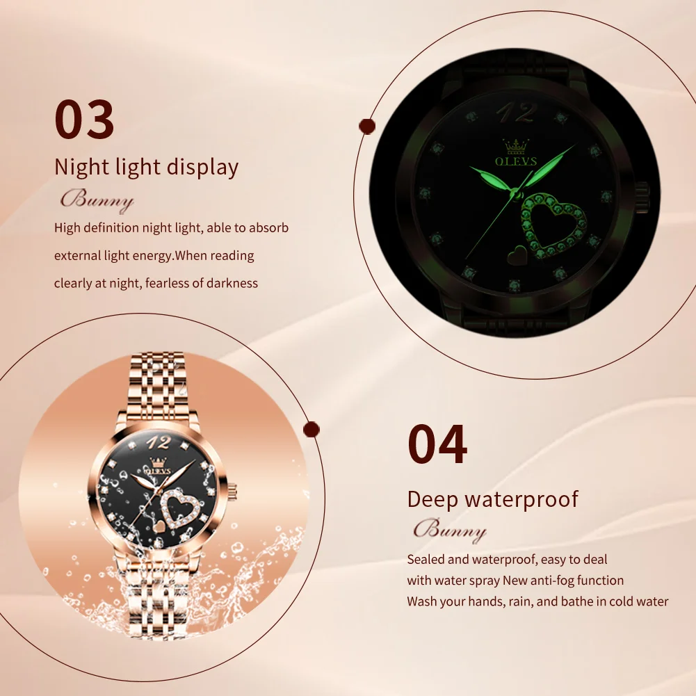 OLEVS 5189 Luxury Quartz Watch For Women Waterproof Luminous Stainless Steel Women's Watches Heart Shape Simple Dial Hand Clock 6