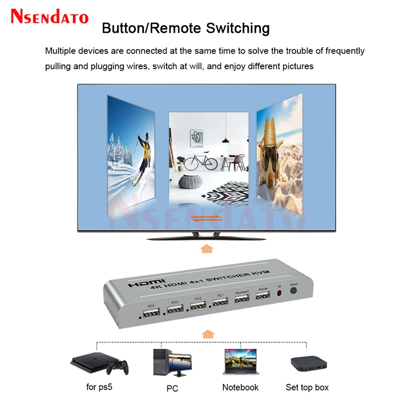 4K 60Hz HDMI USB KVM Switch Adapter 4X1 for USB Keyboard Mouse 4 In 1 Out USB KVM Switch HDMI Switcher for PC Computer To TV