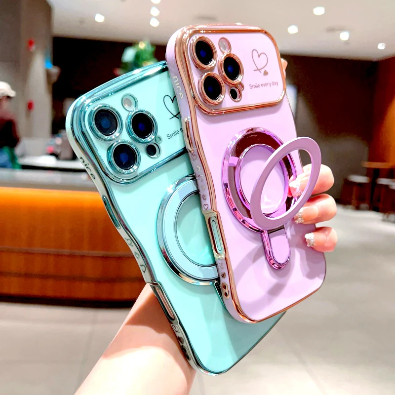 Plating Wave Shell Case For iPhone 16-11 Pro Max Plus Stand Holder Covers