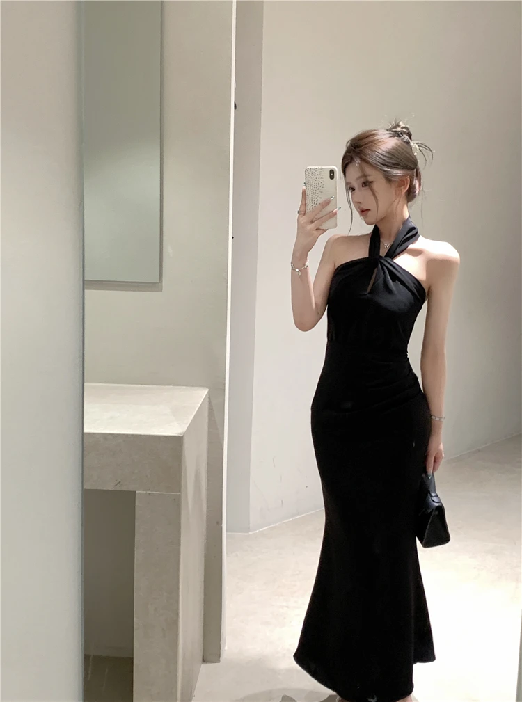 Sexy Bodycon Satin Evening Party Dress Sleeveless Halter Slim Mermaid Summer New Midi Dresses for Women Prom Vestidos Mujer