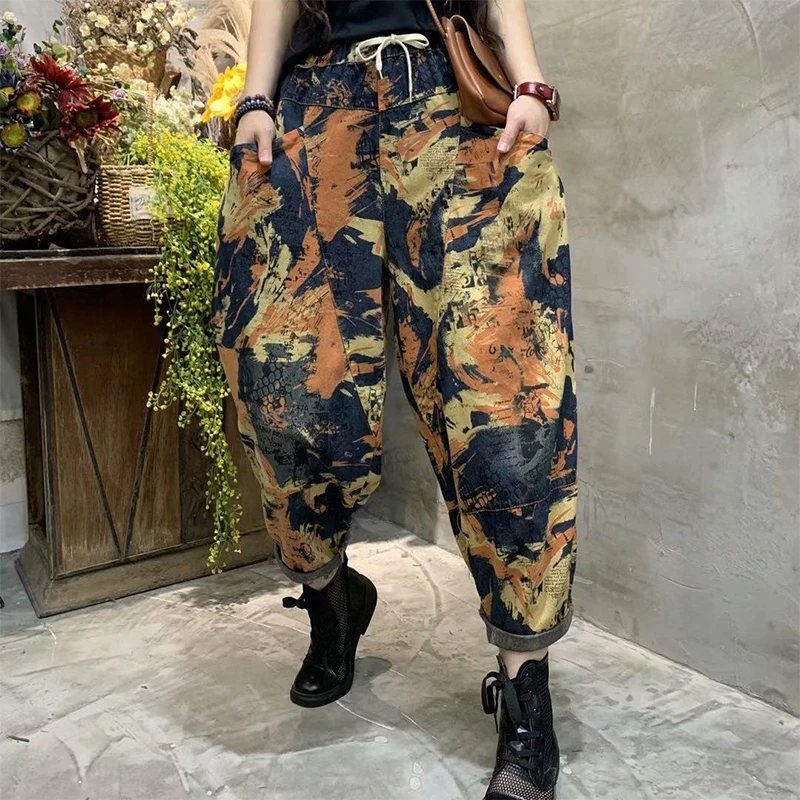 white jeans 2022 Spring Autumn New Arts Style Women Elastic Waist Vintage Print Loose Jeans All-matched Casual Cotton Denim Harem Pants V924 skinny jeans