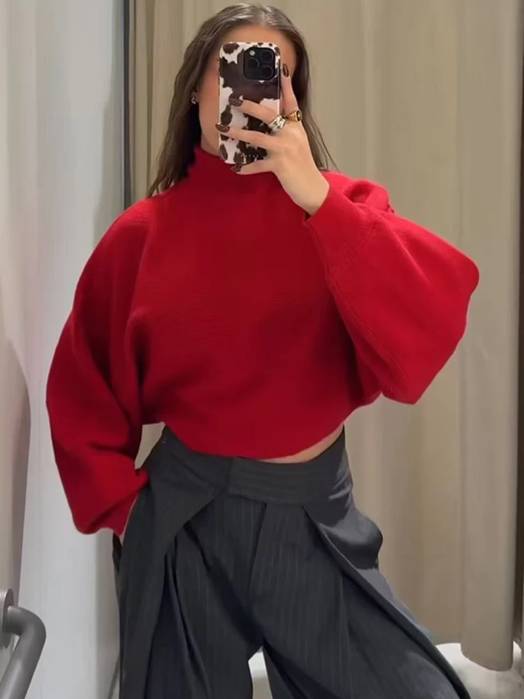 Women's Turtleneck Short Thick Sweater Autumn Winter Casual Knitwear Street Solid Color Loose Long Sleeve Pullover Kintted Top