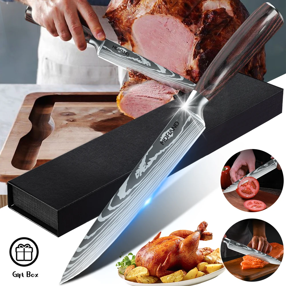 Japanese Utility Knife 8 Inch Slicing Knife Sharp Meat Filleting Salmon Kitchen Professional Chef Knife Damascus Pattern