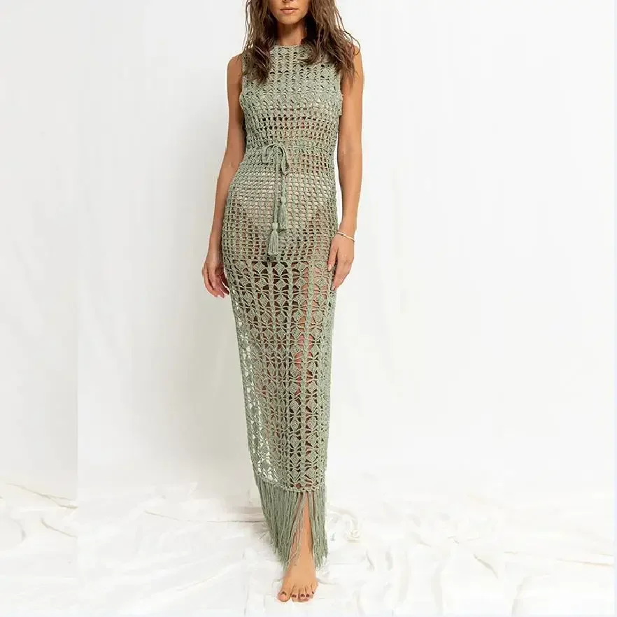 2024 New Women's Summer Knitted Bikini Cover-Up Sexy Solid Color Crocheted Hollow Out Sleeveless Side Slit Tassels Beach Dresses