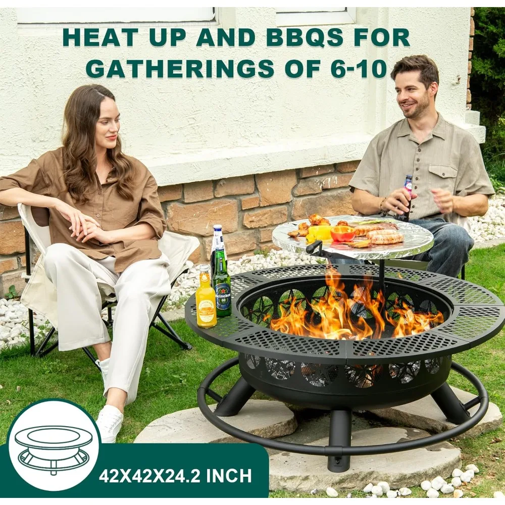 42 Inch BBQ Fire Pit with Grill, Large Outdoor Wooding Burning Fire Pit for Camping,Picnic,Bonfire,3-in-1 Round Metal Table