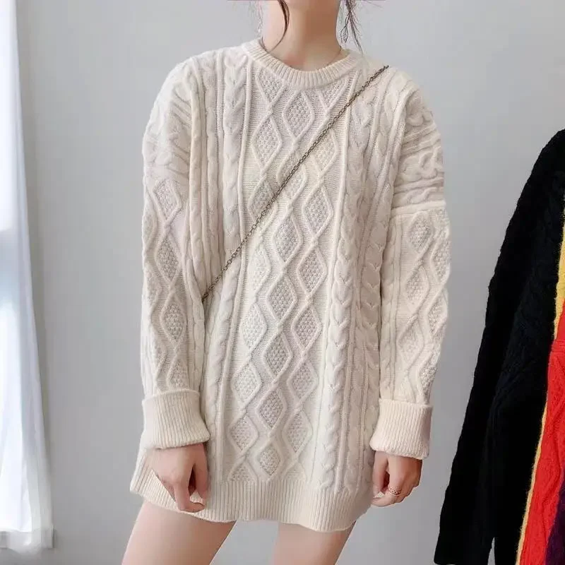

Y2K sweater women 2021 new autumn and winter mid-length loose and lazy twist knit sweater jacket female net red same style