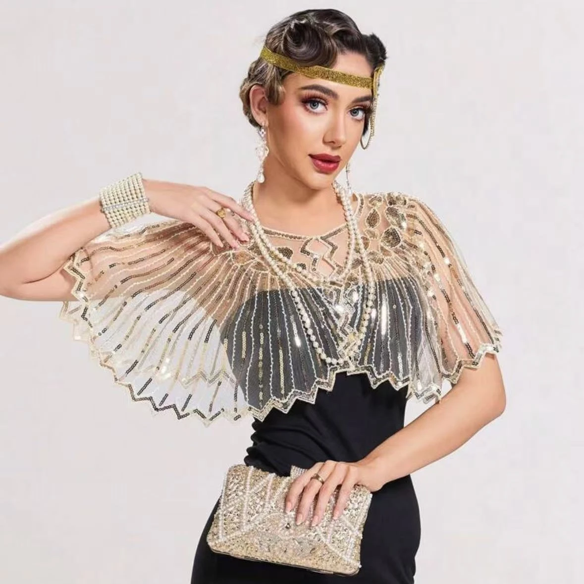 1 Stück 1920er Jahre Vintage Pailletten Fransen Achselzucken Eleganter Schal für Frauen Perlenumhang Geeignet für formelle Party Hochzeit Haremsnacht – Detail 2
