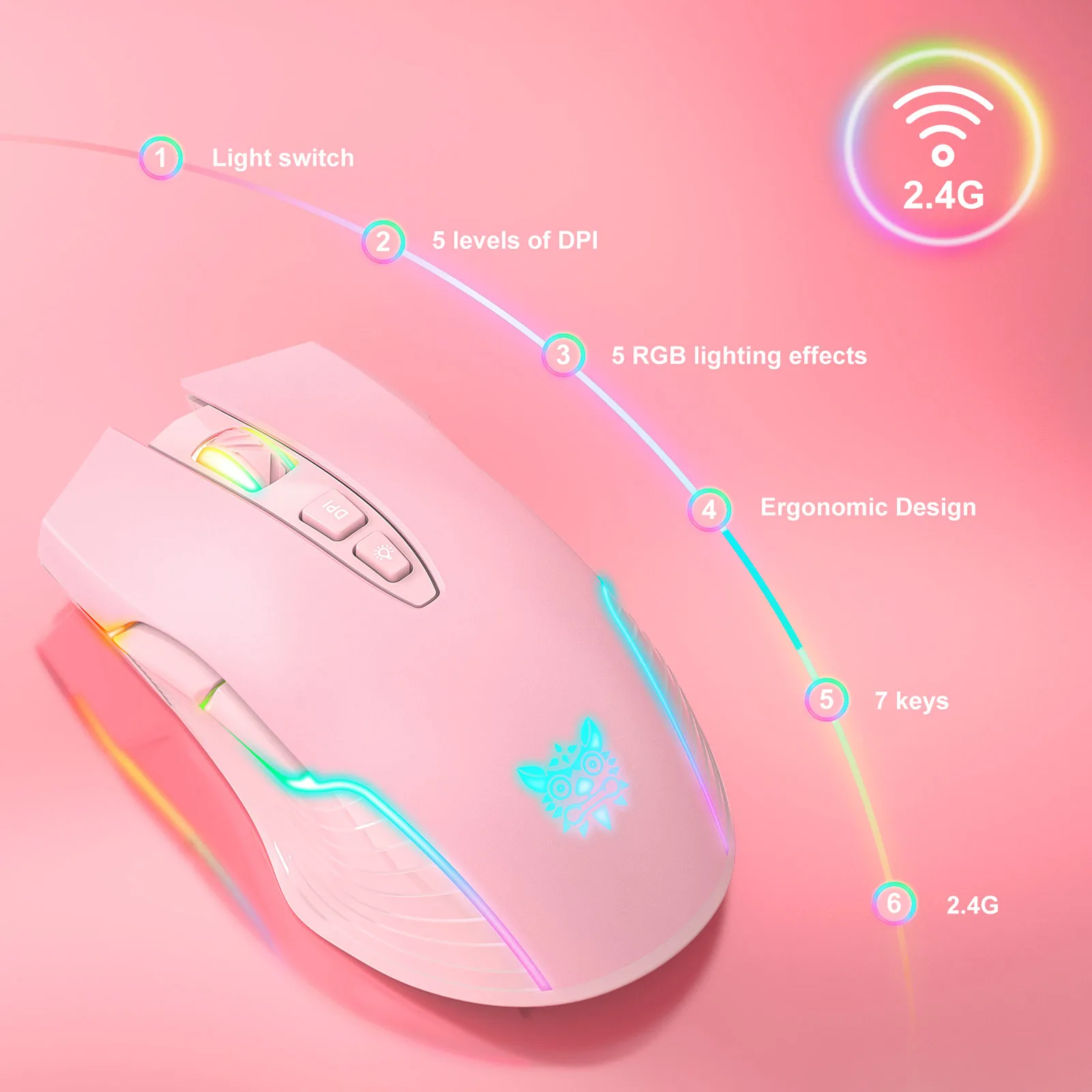 ONIKUMA 2.4G Wireless Gaming Mouse RGB Backlit E-sports Mouse Computer Mice 3600DPI with 7 Programmable Buttons for Laptop PC wireless mouse