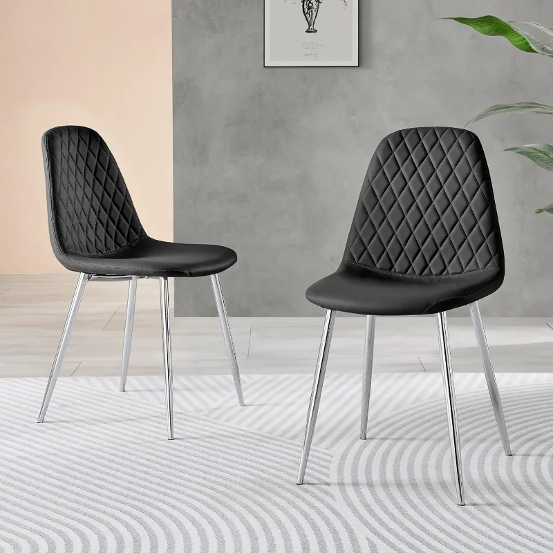 Furniturebox Dining Chair Set of 2 - Corona Silver Leg Black Faux Leather Dining Chair 4