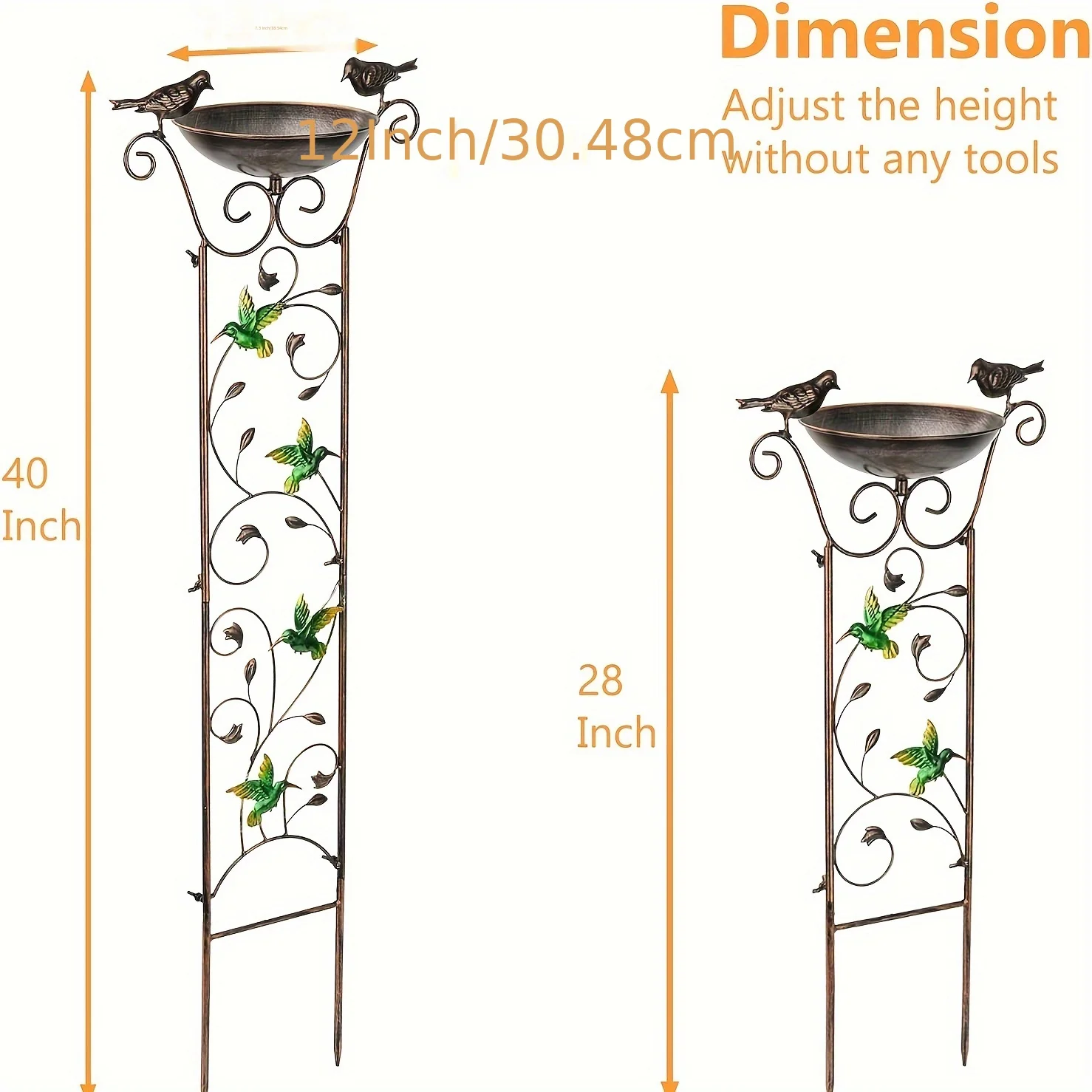 40in Bird Bath for Climbing Plants Outdoor with Garden Trellis with Decorative Butterflies Free Standing Detachable