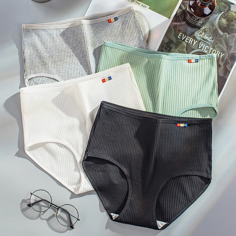 

1Pcs Elastic Cotton Panties Pure Color Plus Size Female Briefs Underwear Women Stripe High Waist Durable Breathable Underpants