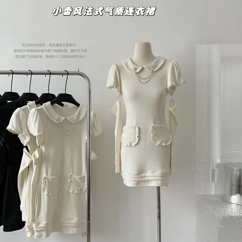 

Элегантное платье во французском стиле с длинным рукавом, Осенние однотонные модные платья, шикарная мини-юбка с рукавами в стиле пэчворк