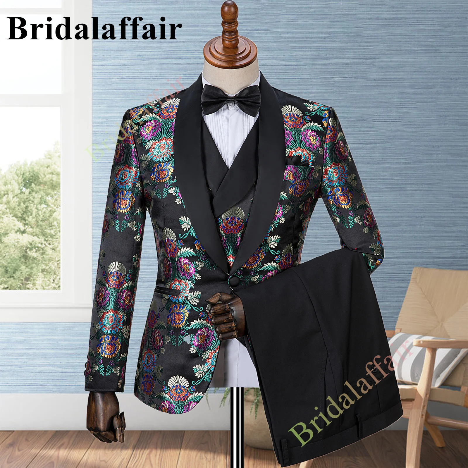 Bridalaffair Mens Black Suits Slim Fit Floral Printed Wedding Tuxedo for Men 3pcs Blazer Jacket Vest Pant Set Costume Homme