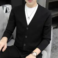 Autumn Winter New Men Sweater Coat V-Neck Solid Single Breasted Korean Fashion Casual Slim Long Sleeve Cardigan Knitted Tops 1
